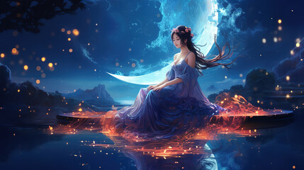 moon goddess sitting on cloud throne, pretty woman look elegant in heavenly atmosphere, Ai Generative