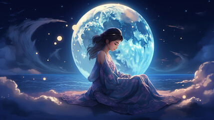 moon goddess sitting on cloud throne, pretty woman look elegant in heavenly atmosphere, Ai Generative