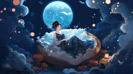 moon goddess sitting on cloud throne, pretty woman look elegant in heavenly atmosphere, Ai Generative  - obrazy, fototapety, plakaty