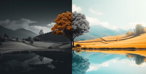 an image that represents the concept of philosophy like, landscape with lake and mountains