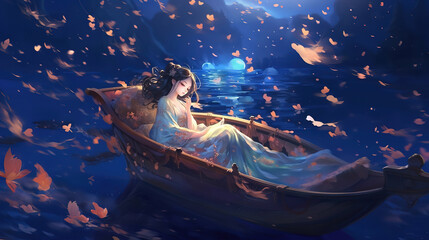 a girl sleeping in row boat at middle of lake at night time, dreamy fantasy with light glow atmosphere, closeup portrait pretty girl, Generative Ai