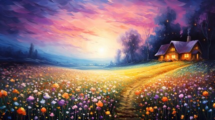 small house on flower hill, artistic illustration beautiful scenery, Ai Generative 