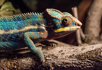 colorful chameleon on a branch in the dark at night