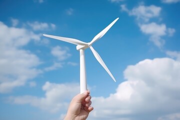 Hand With Wind Turbine on the Sky. World Earth Day, Sustainable Resources, Environmental Care
