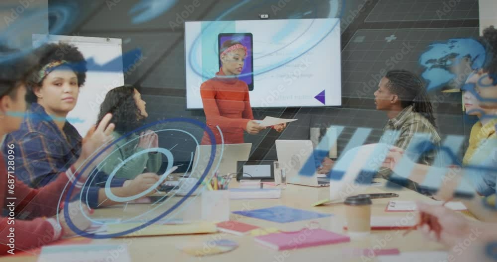 Poster animation of loading circles, graphs, globe over diverse coworkers discussing about cellphone design