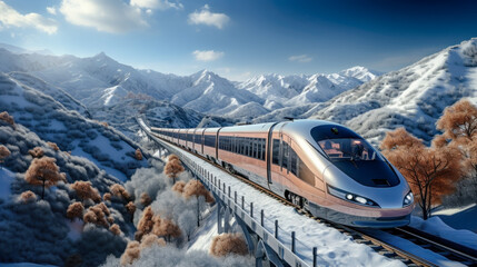 Concept of a Futuristic High-Speed Train Traveling over a Snow-Covered Landscape in the snow-covered Mountains in the Alps Brainstorming Background Cover Poster Digital Art Backdrop
 - obrazy, fototapety, plakaty