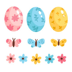 Easter collection of colored eggs, flowers and butterflies. Isolated vector illustrations.