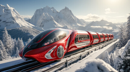 Concept of a Futuristic High-Speed Train Traveling over a Snow-Covered Landscape in the snow-covered Mountains in the Alps Brainstorming Background Cover Poster Digital Art Backdrop
