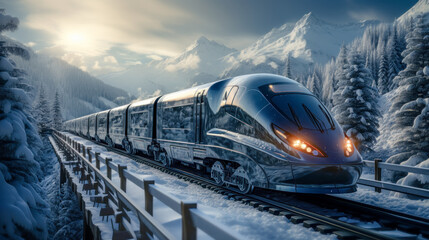 Concept of a Futuristic High-Speed Train Traveling over a Snow-Covered Landscape in the snow-covered Mountains in the Alps Brainstorming Background Cover Poster Digital Art Backdrop
 - obrazy, fototapety, plakaty