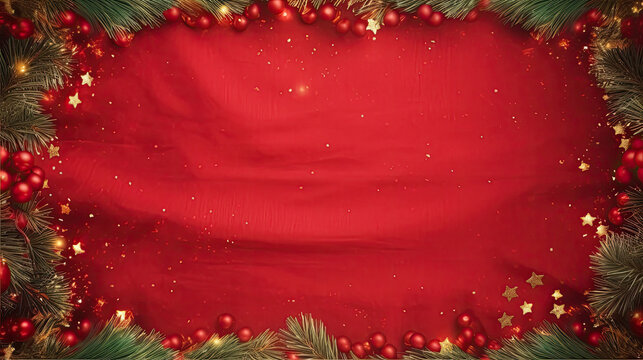 Christmas background with xmas tree and sparkle bokeh lights on red canvas background. Merry christmas card. Winter holiday theme. Happy New Year. Space for text, top view	
