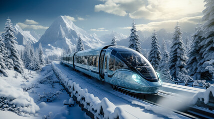 Concept of a Futuristic High-Speed Train Traveling over a Snow-Covered Landscape in the snow-covered Mountains in the Alps Brainstorming Background Cover Poster Digital Art Backdrop
