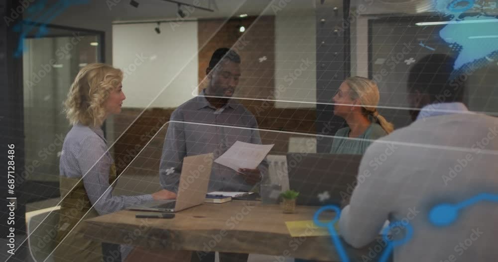 Poster animation of globe and computer language over diverse coworkers sharing ideas in office