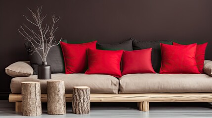 A log coffee table sits next to a rustic sofa with red and gray pillows against a dark plaster background. Modern living room interior design in dark colors. - obrazy, fototapety, plakaty