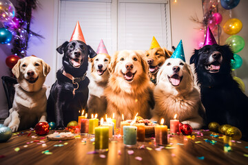 Chiens fêtant un anniversaire ou le réveillon