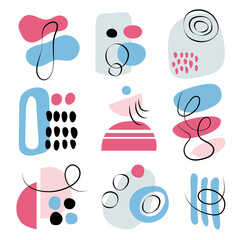 Vector set of nine abstract compositions. Pink, blue and black spots and lines.