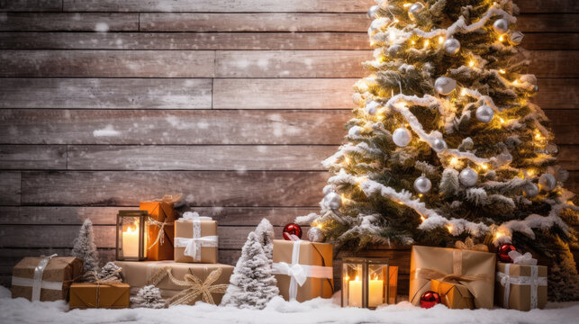 Christmas tree with candles and gift presents in snow on wooden background. Christmas background with xmas tree , and sparkle bokeh lights. Merry christmas card. Winter holiday theme. Happy New Year