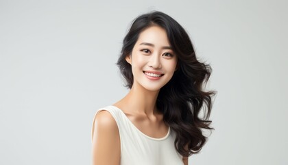 Naklejka premium Young beautiful asian woman on white background