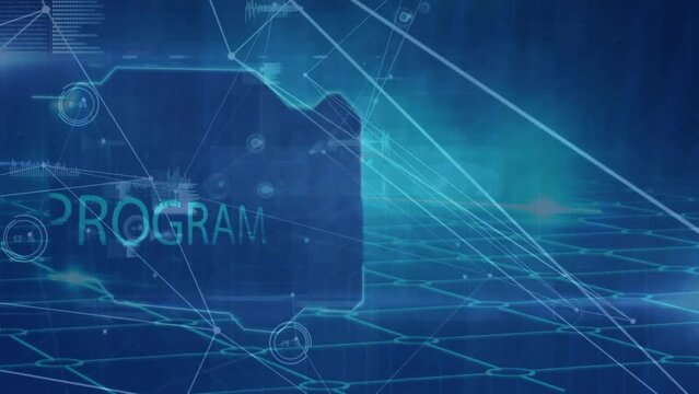 Animation of connected dots, graph icons, multiple texts on abstract pattern over grid pattern
