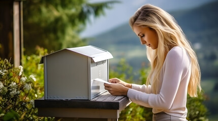 A pretty girl reading mail beside traditional post box at countryside