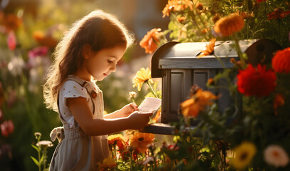 A pretty, young girl reading mail near a traditional post box