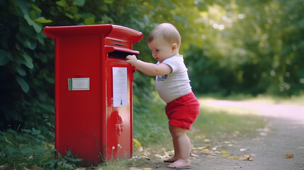 Cute baby beside a red, traditional post box