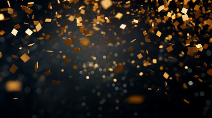 Luxury gold confetti rain on blurry dark background for christmas and new year celebration