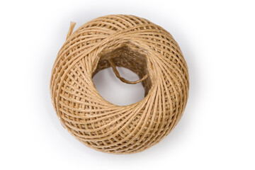 Skein of brown synthetic twine on a white background