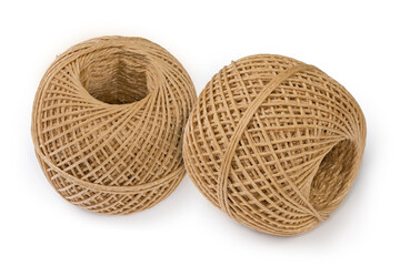 Two skeins of brown synthetic twine on a white background