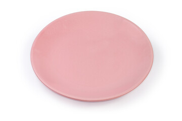 Empty ceramic pink flat plate on a white background