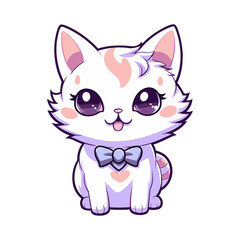 Vector funny cute cat character isolated on white background sticker. Cute kawaii cat character with big eyes, animal trendy vector illustration. Sweet pastel white peach colors chibi animal	
