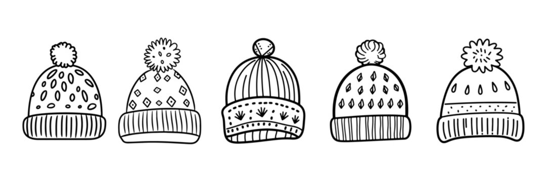 set hats warm winter clothes. warm knitted hat with ponpon pompom with scandinavian pattern winter doodle stickers isolated on white background drawn by line winter cozy outfit