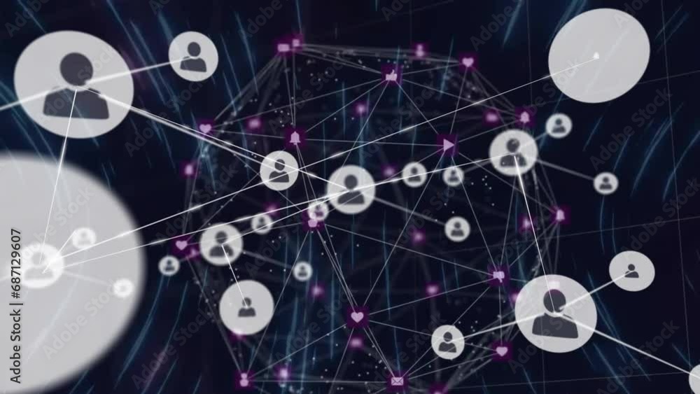 Poster animation of network of connections with icons over globe on blue background
