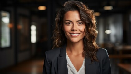 Beautiful modern brown hair business woman portrait in the office with copy space - Powered by Adobe