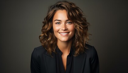 Beautiful modern brown hair business woman portrait in the office with copy space