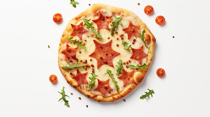 a star-shaped pizza on a clean white background, highlighting the creativity and playfulness in pizza design, making it a fun and delectable choice.