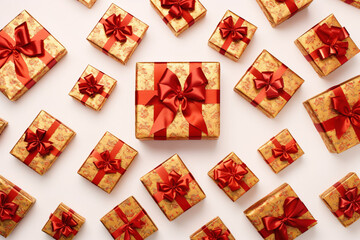 Presents with Red wrapper ribbons isolated on white background using generative AI