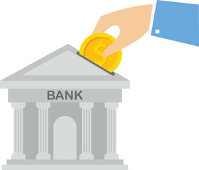 businessman hand putting dollar coin in investment bank, investment bank financial services to provide investment advice, money or profit and income growth, wealth management or loan for company.

