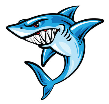 Dangerous shark cartoon mascot, sport logo template or sticker vector illustration isolated on white background.