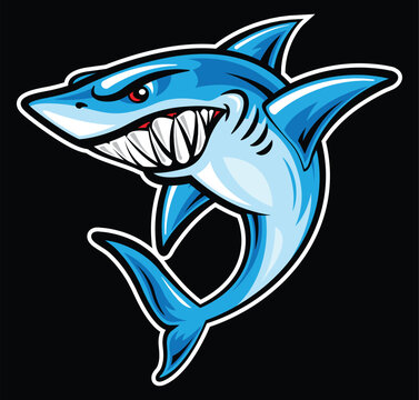 Angry shark cartoon character, sport logo template or sticker vector illustration isolated on black background.