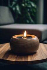 Aromatic candle burns on table in spa procedure salon. Small warm flame creating coziness and relaxing atmosphere in meditation studio. Accessory for aromatherapy treatment and mindfulness