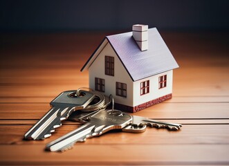 Keys with model of house on the wooden background. Real estate concept.