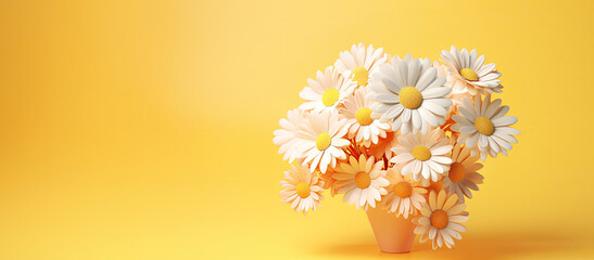 Chamomile daisy flowers against yellow gradient background. Aesthetic floral scene.
