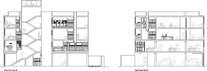 Vector sketch illustration of the architectural design of a multi-storey house in a dense urban model