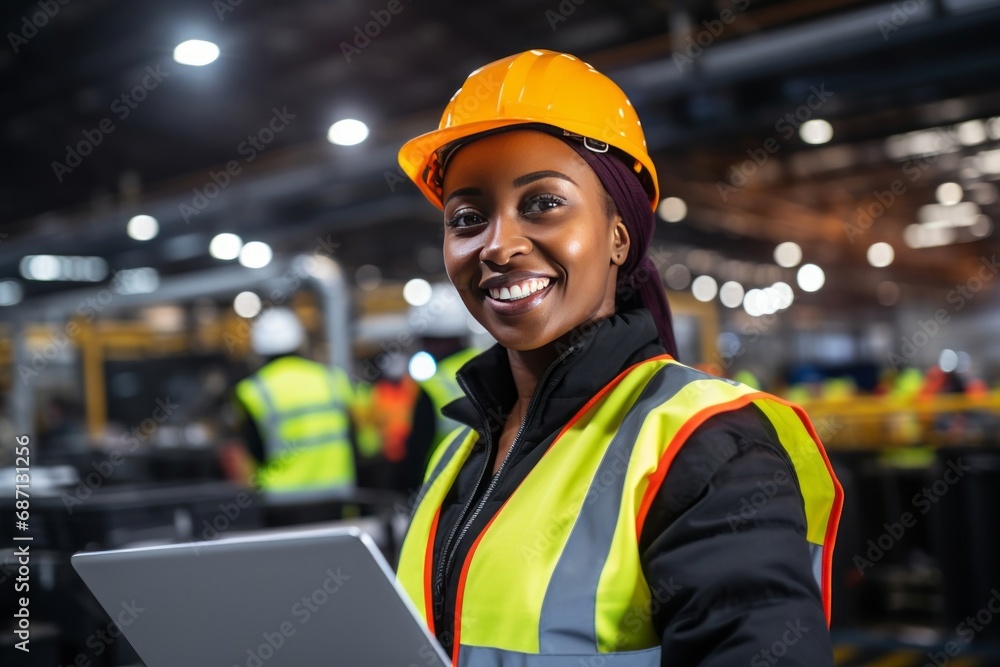 Wall mural female engineer of african descent in a yellow safety helmet smiles at the camera