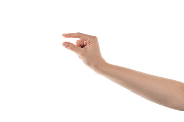 Young woman hand to hold something with two fingers isolated on white background