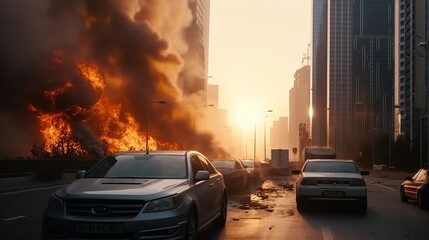 Urban inferno fire engulfs a megacity, with burning blazing cars, roads, and skyscrapers. Chaotic scene of city engulfed in flames, capturing the intensity and destruction of a large-scale urban fire. - obrazy, fototapety, plakaty