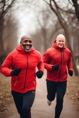 Positive African American man and his Caucasian friend run together across autumn park in morning. Healthy friends exercise jogging along city garden road. Active men trains developing body endurance.