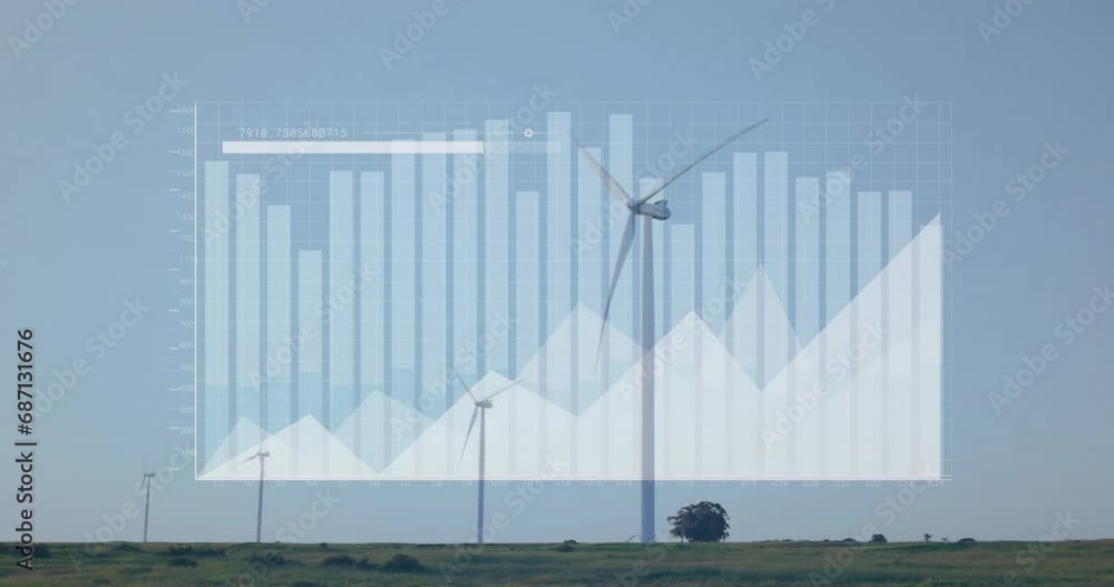 Sticker Animation of financial data processing over wind turbines in field in countryside