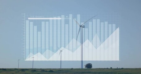 Animation of financial data processing over wind turbines in field in countryside - Powered by Adobe