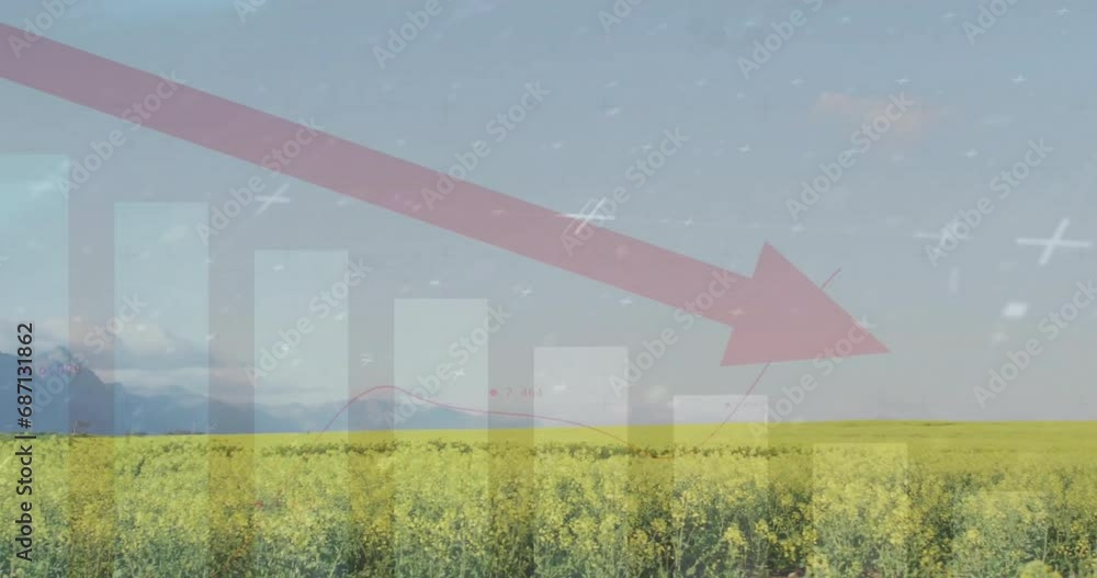 Aufkleber animation of arrow and financial data processing over field in countryside